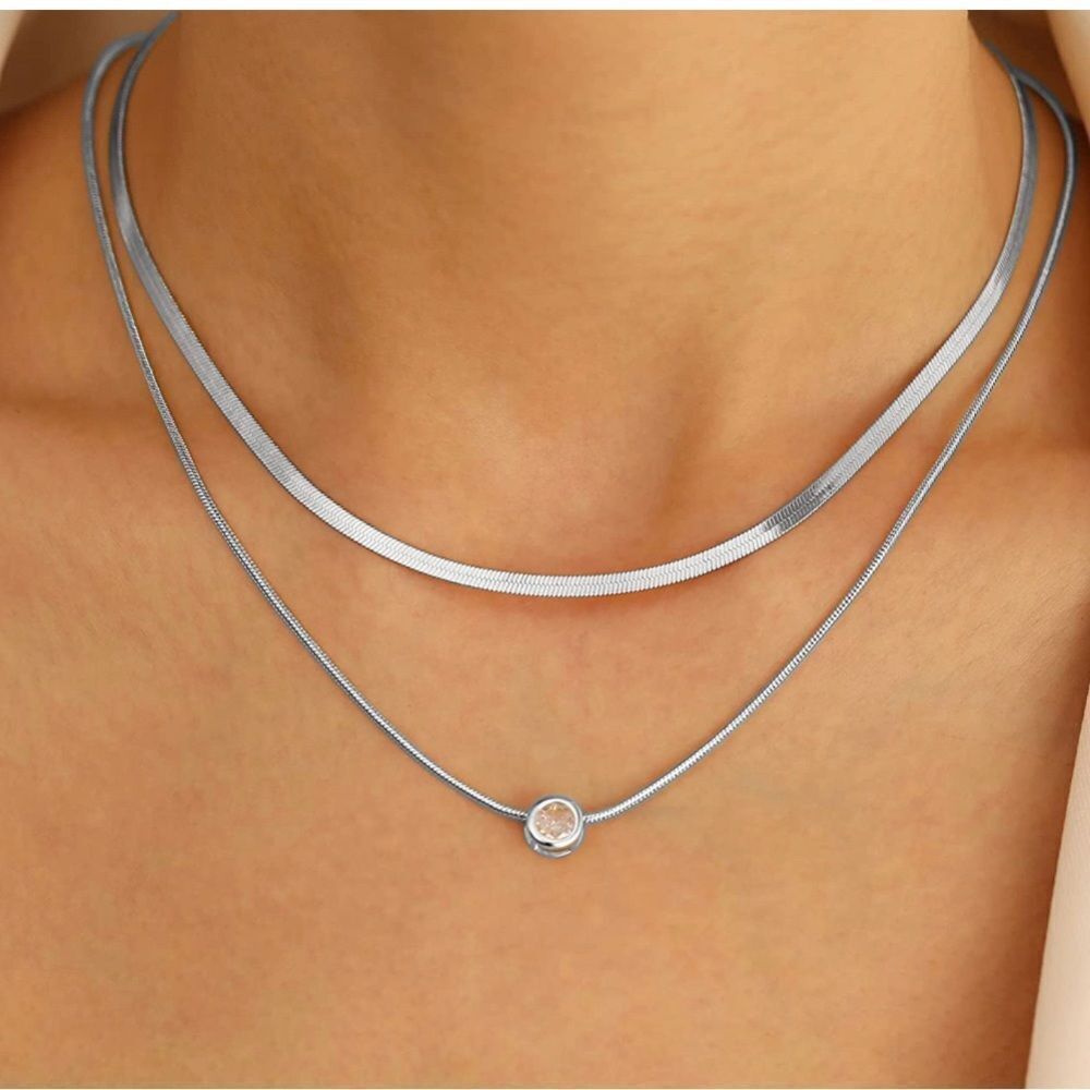 Silver 14k White Gold Plated 2pc Herringbone CZ Necklace Set